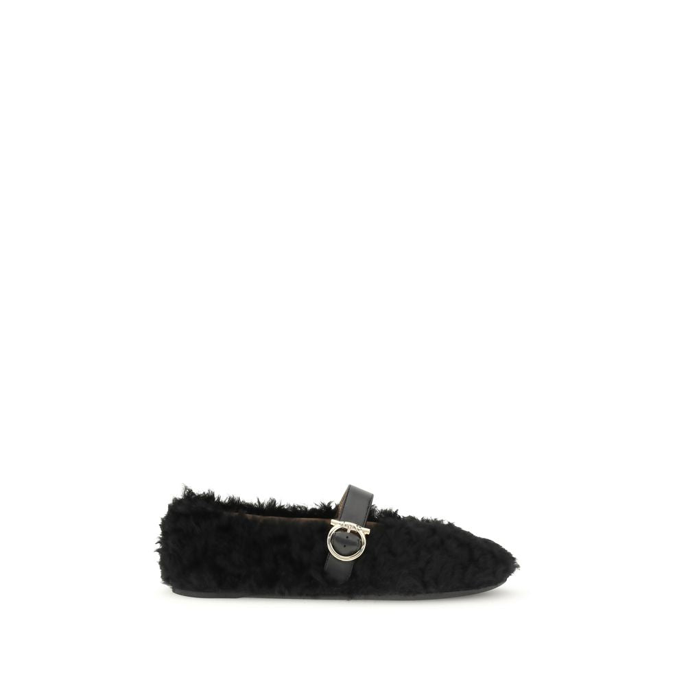 Ferragamo Black Fur Ballet Flats